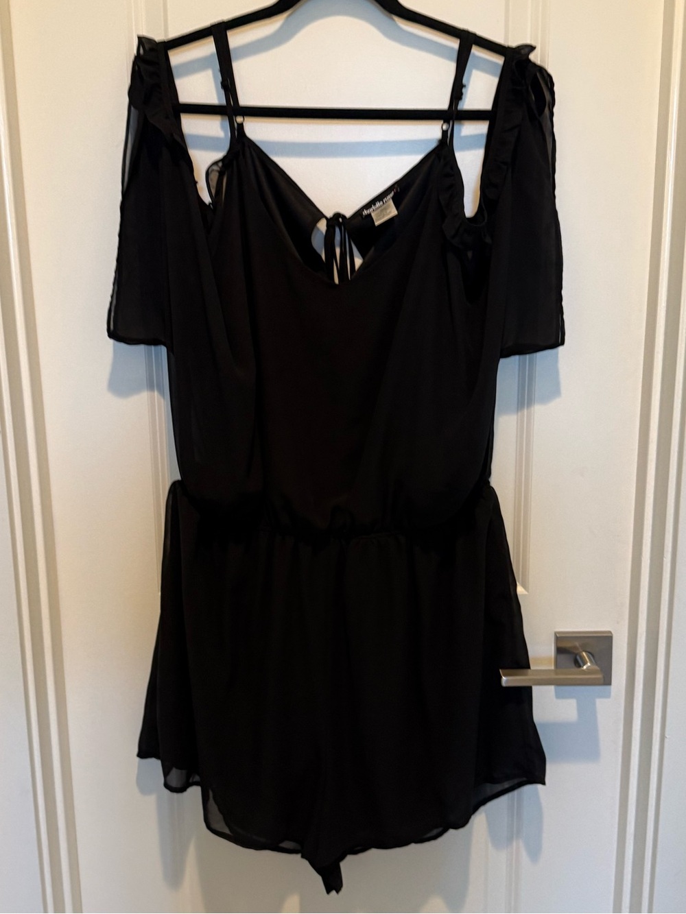 Charlotte Russe Black Cold-Shoulder Romper with Tie Back